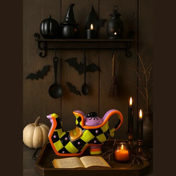 Ceramic Halloween Witch's Boot Teapot Spider Lid Harlequin Check Whimsical Decor - Picture 2 of 16